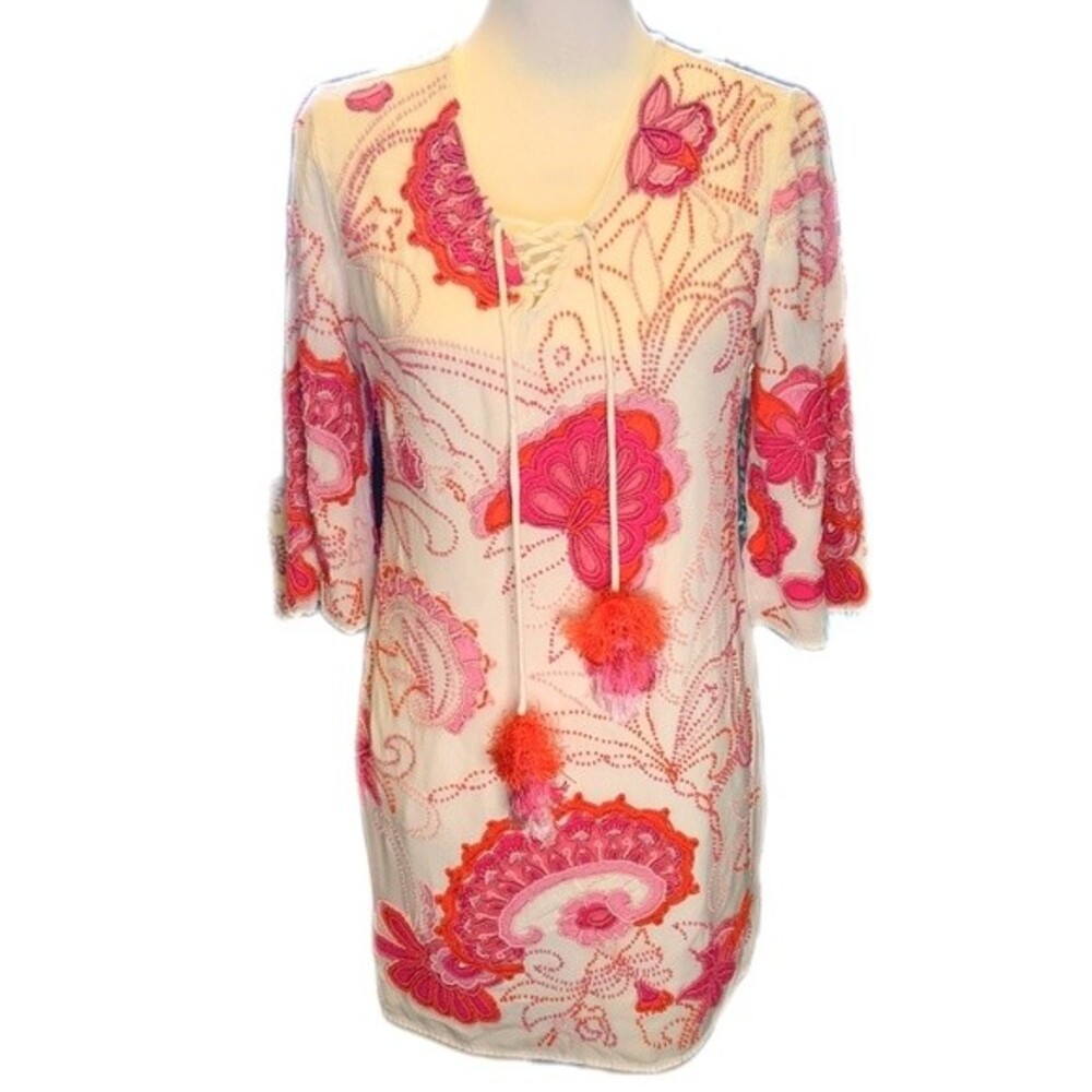 Boston Proper bell sleeve,v-neck, mini dress, white w/hot pink & orange beads XS
